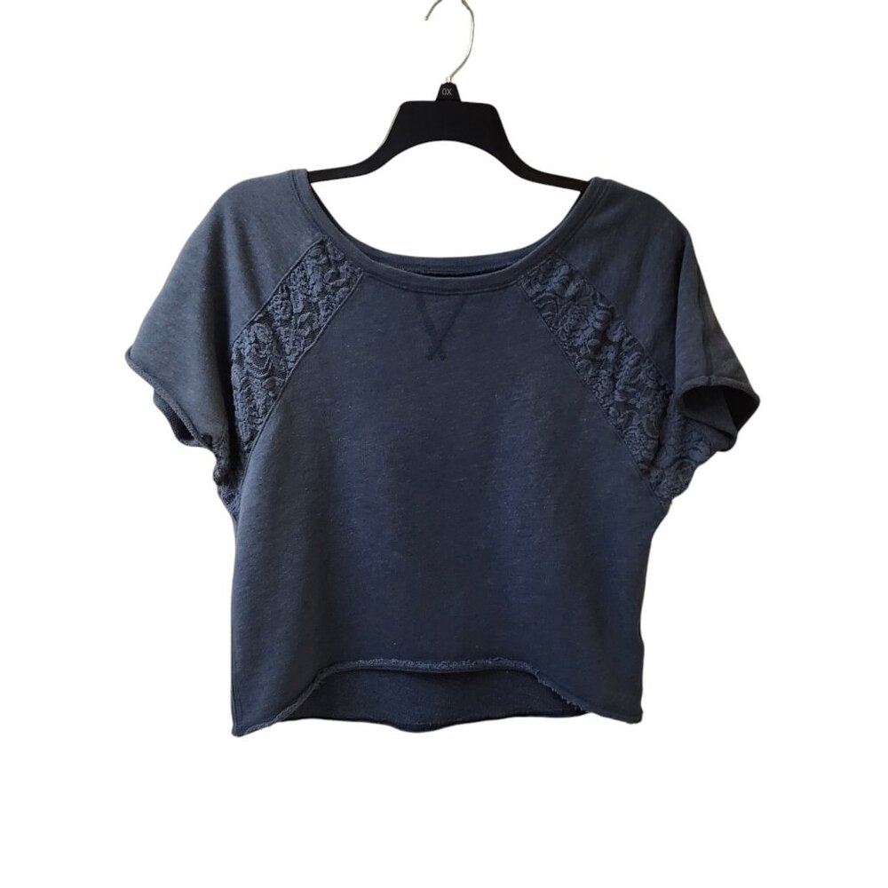 Hollister Blue Short Sleeve Crop Sweater Top Lace Detail Arms Medium